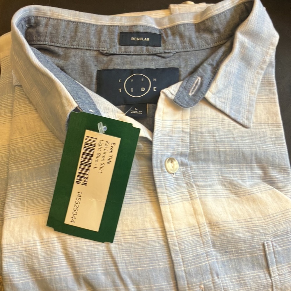 BRAND NEW Even Tide Kai Linen Blend Long Sleeve Light Blue /White Shirt Sz L